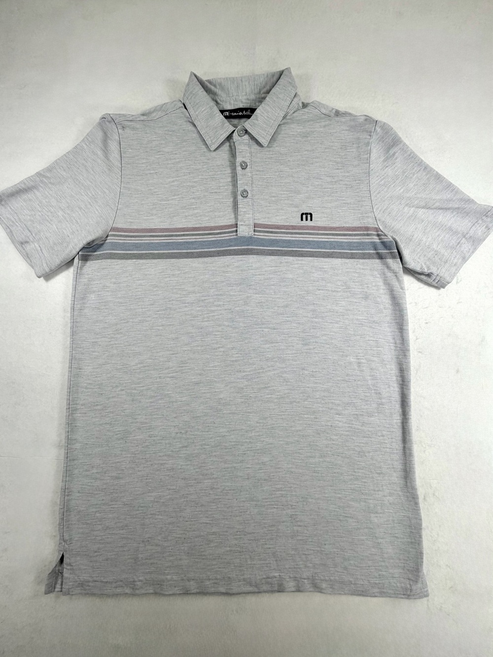 TravisMathew Golf Polo Shirt Medium Gray Striped Performance Stretch